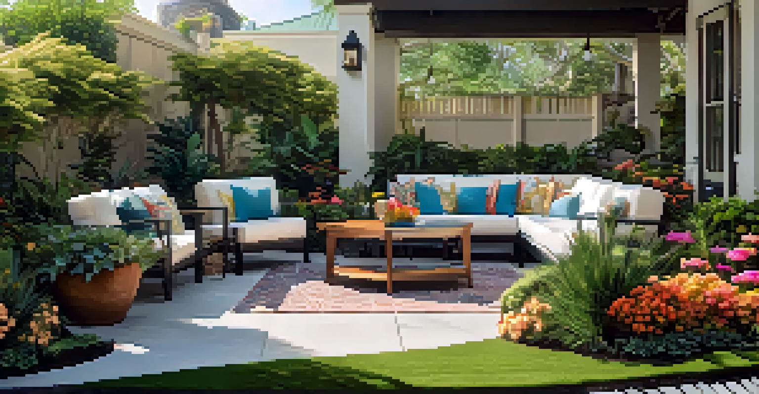 A landscaped garden display at the Orlando Home & Garden Show, featuring vibrant flowers and modern gardening tools.
