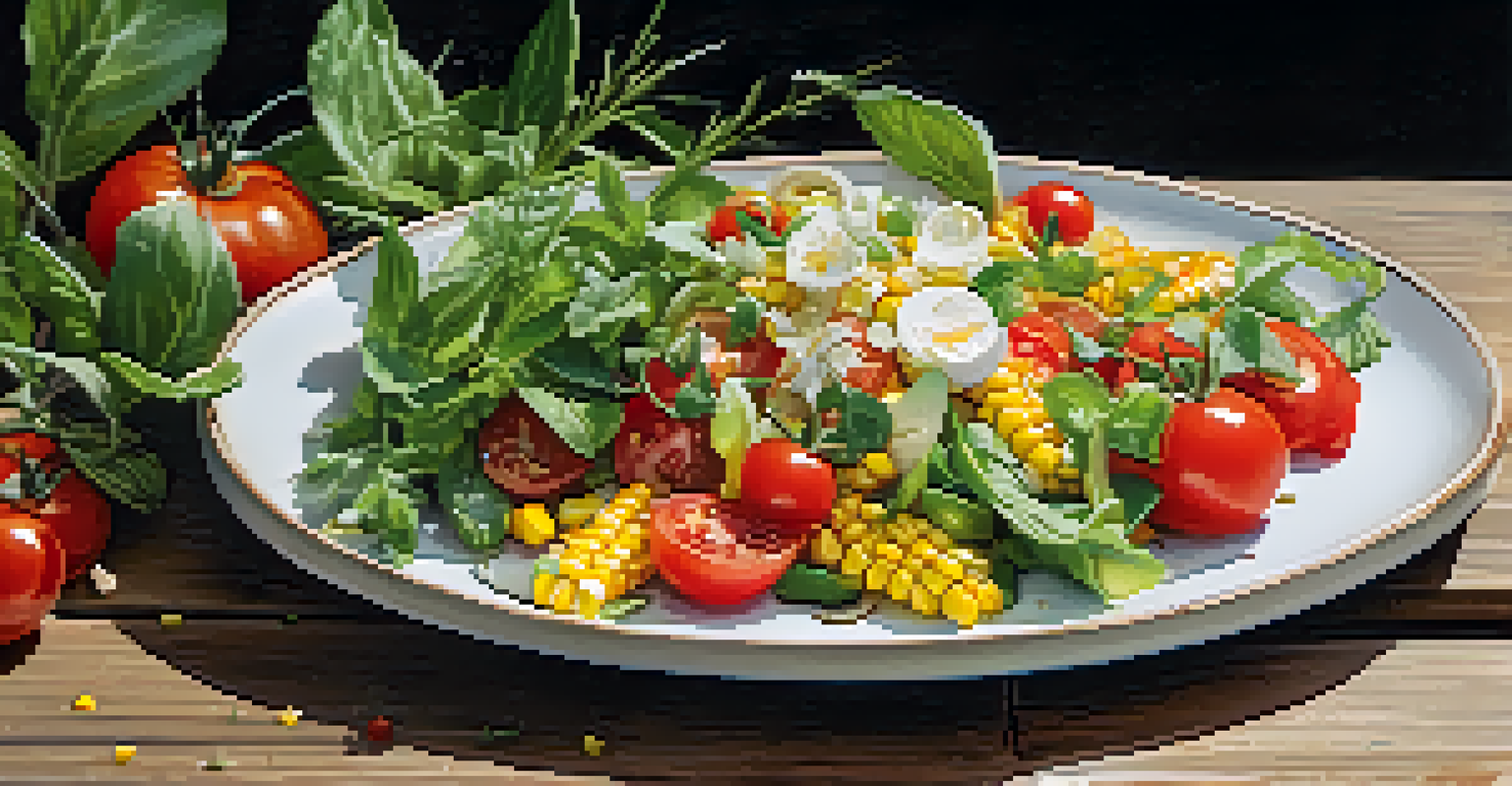 A close-up of a farm-to-table dish with a colorful summer salad on a rustic wooden table.