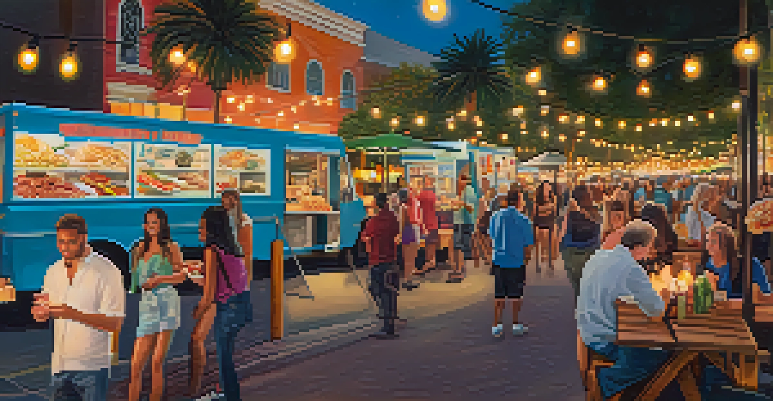 A vibrant street scene in downtown Orlando with food trucks and people enjoying gourmet dishes under string lights.