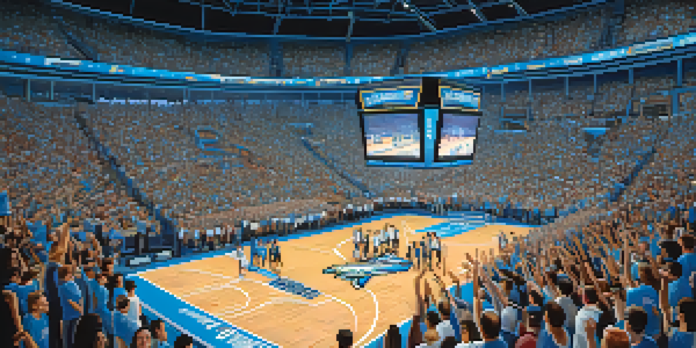 A lively group of diverse fans passionately cheering for the Orlando Magic at a basketball game, surrounded by colorful lights and banners.