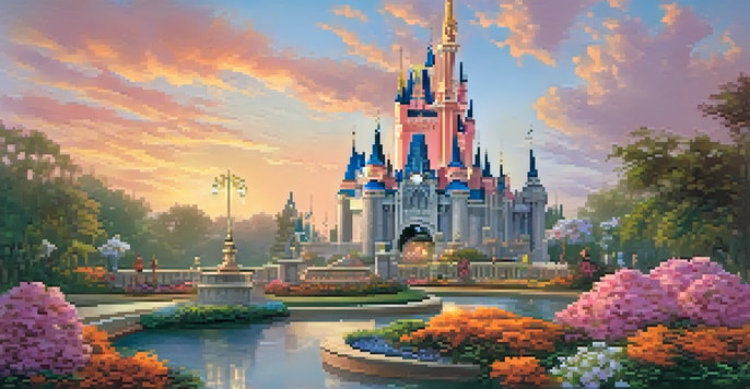 A view of Cinderella's Castle at sunset, with colorful skies and visitors enjoying the scenery.
