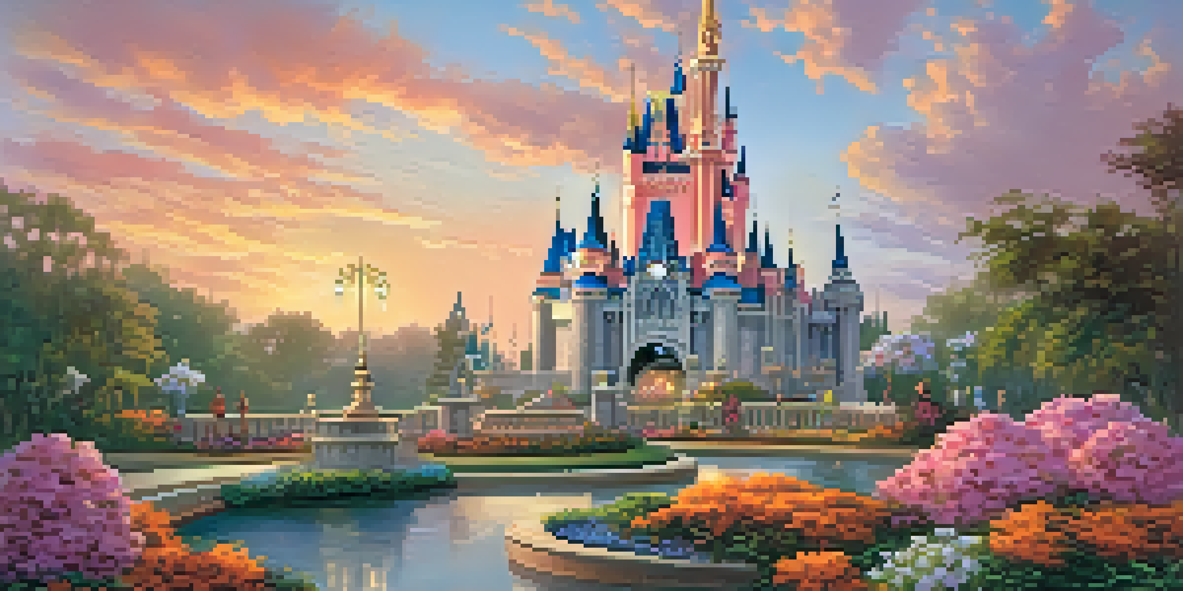 A view of Cinderella's Castle at sunset, with colorful skies and visitors enjoying the scenery.