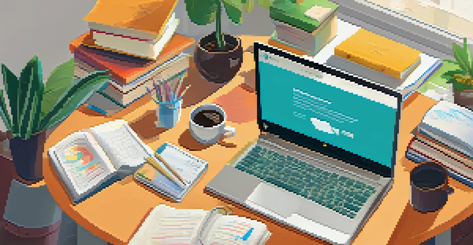 A close-up of a student's hands typing on a laptop, surrounded by textbooks and a cup of coffee in a well-organized study space.