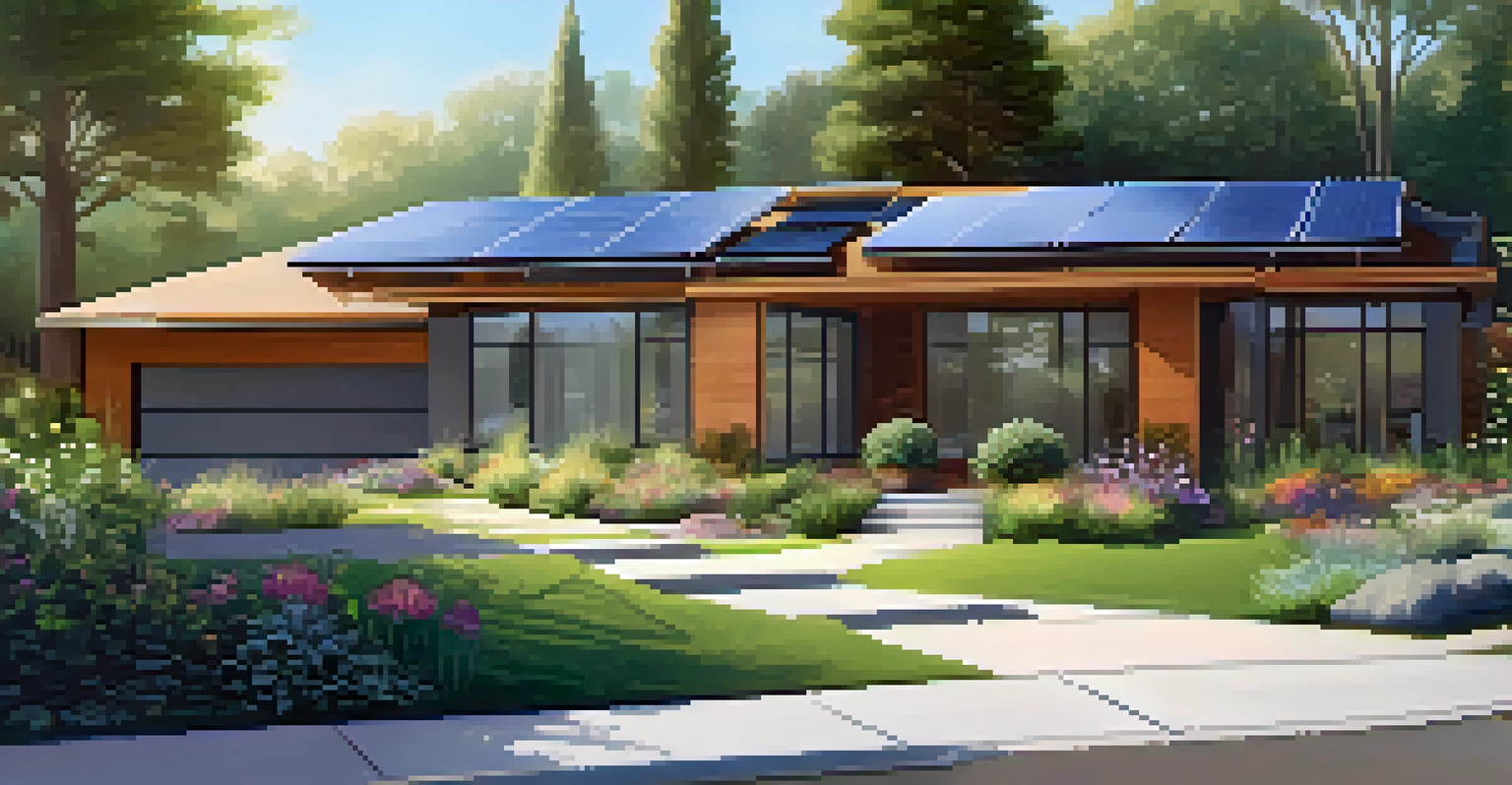 Close-up of a modern smart home with solar panels and a vibrant garden.