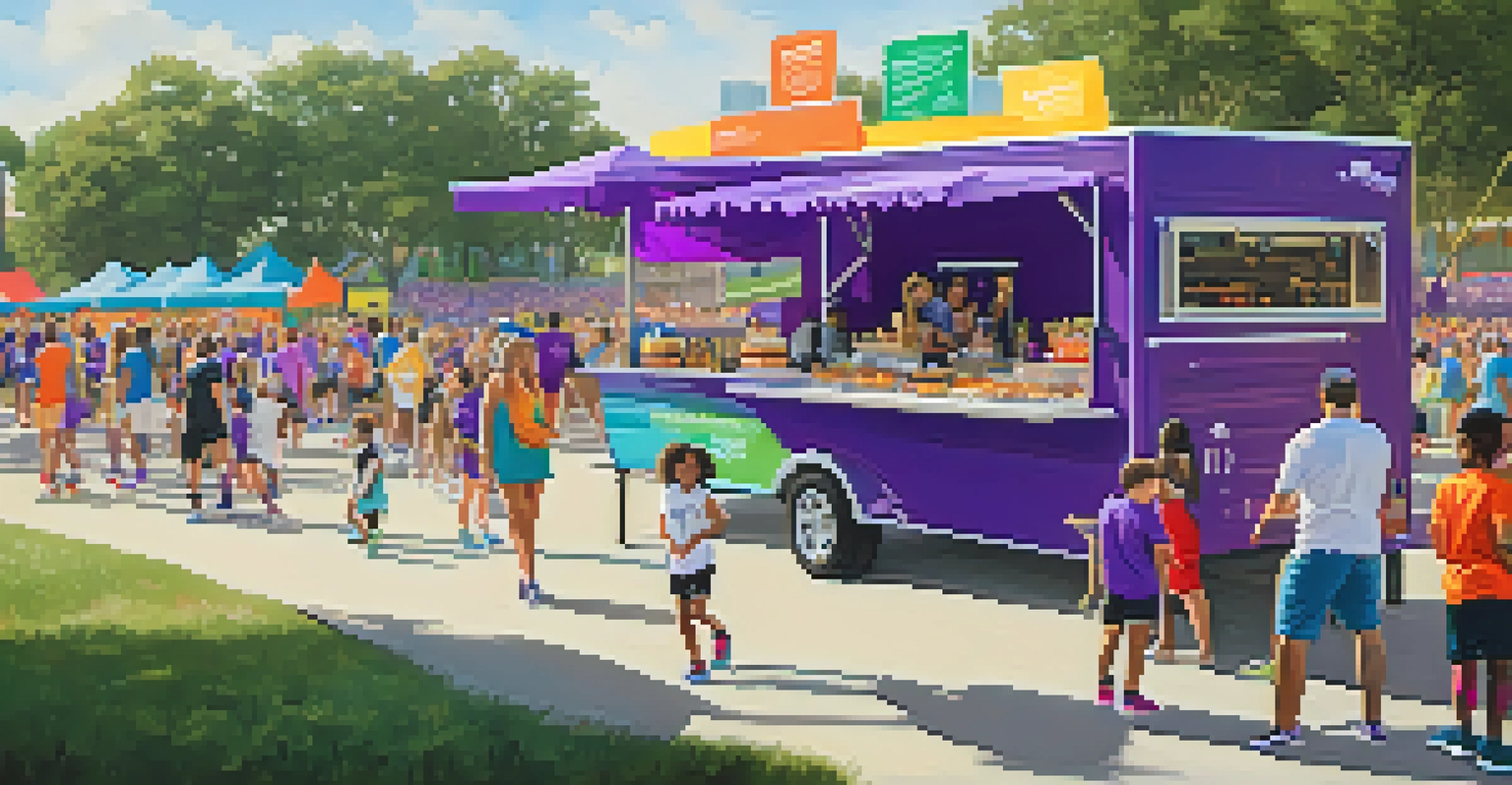 Families enjoying pre-game activities outside a soccer stadium, with food trucks and face painting.