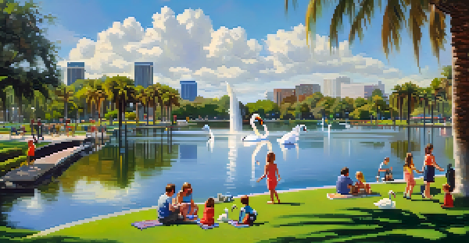 A family playing frisbee at Lake Eola Park, with swan boats on the lake and colorful flowers around.