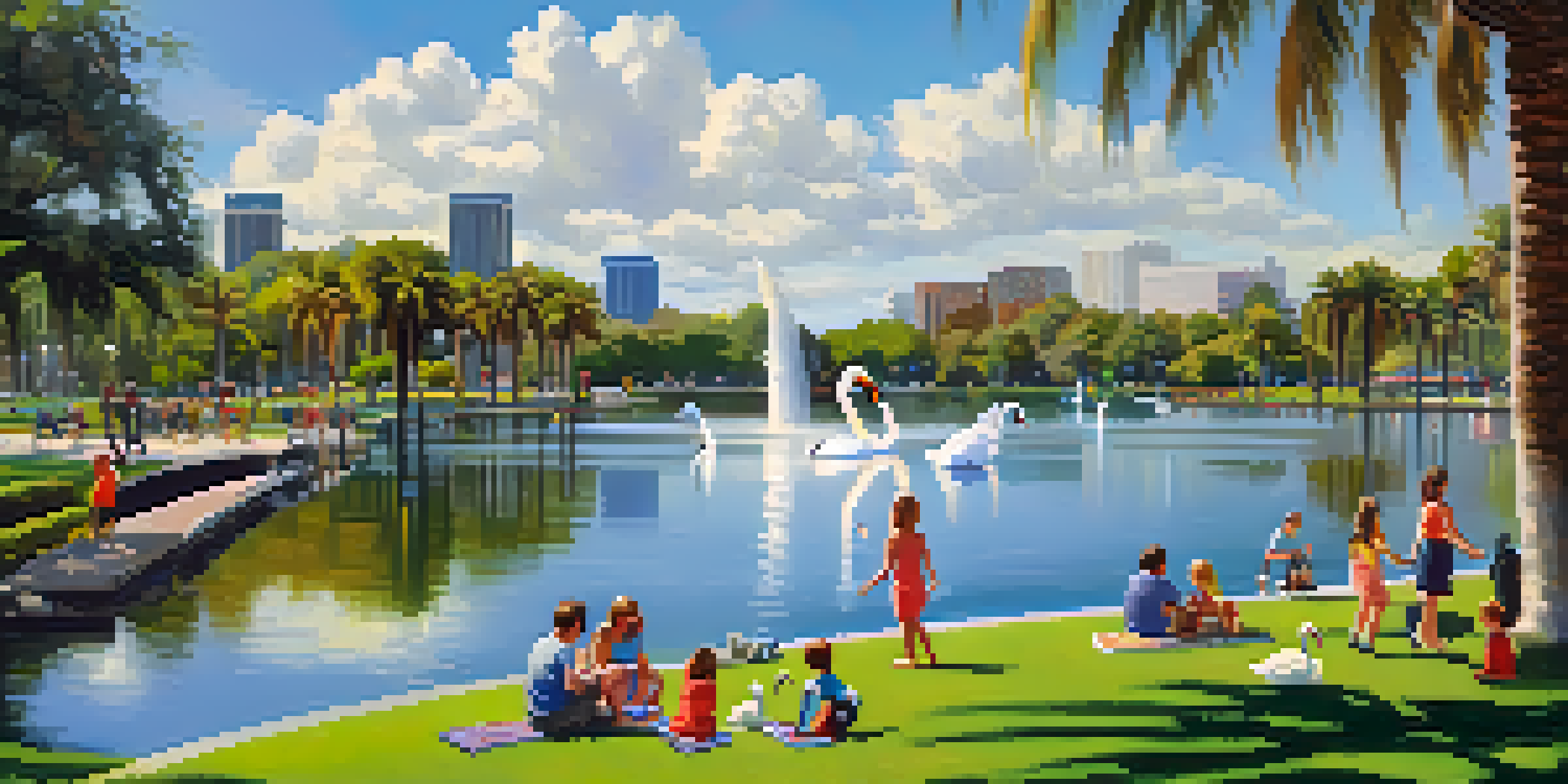 A family playing frisbee at Lake Eola Park, with swan boats on the lake and colorful flowers around.
