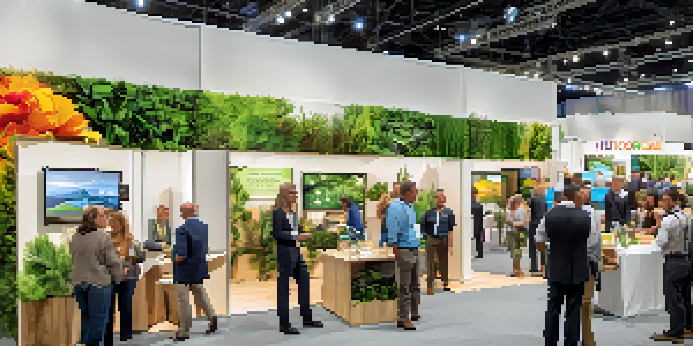 A bustling trade show in Orlando featuring eco-friendly booths and sustainable materials, with attendees engaging and recyclable signage visible.