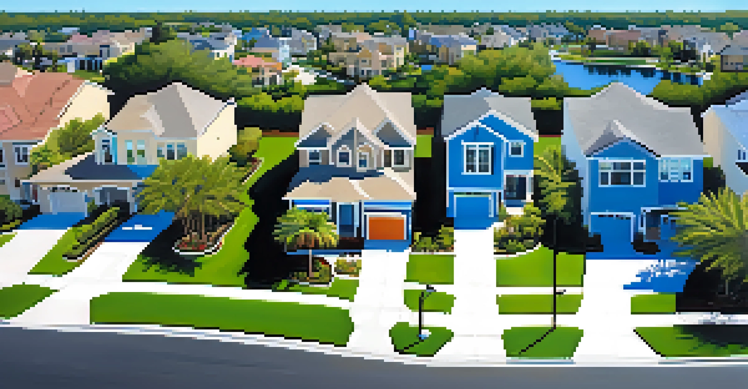 An aerial view of a suburban Orlando neighborhood with modern homes and palm trees under a clear blue sky.