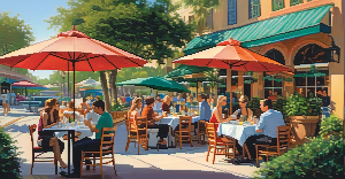 An outdoor restaurant in Orlando with colorful umbrellas and patrons enjoying their meals under a blue sky.