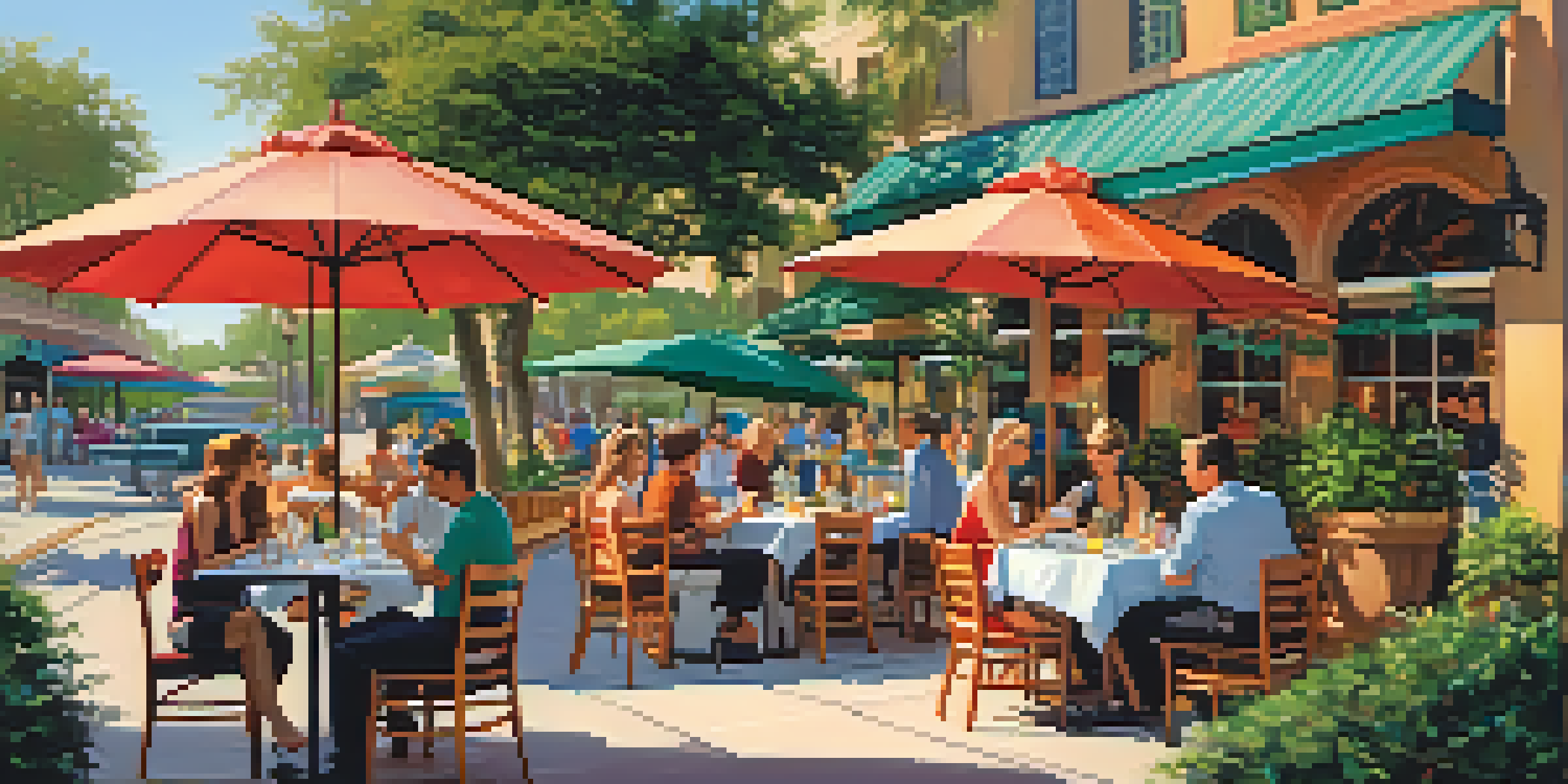 An outdoor restaurant in Orlando with colorful umbrellas and patrons enjoying their meals under a blue sky.