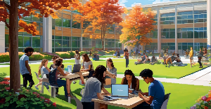 A diverse group of students working together on a project outside a modern university building on a sunny day.