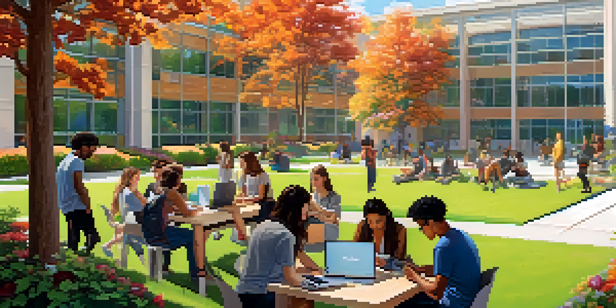 A diverse group of students working together on a project outside a modern university building on a sunny day.