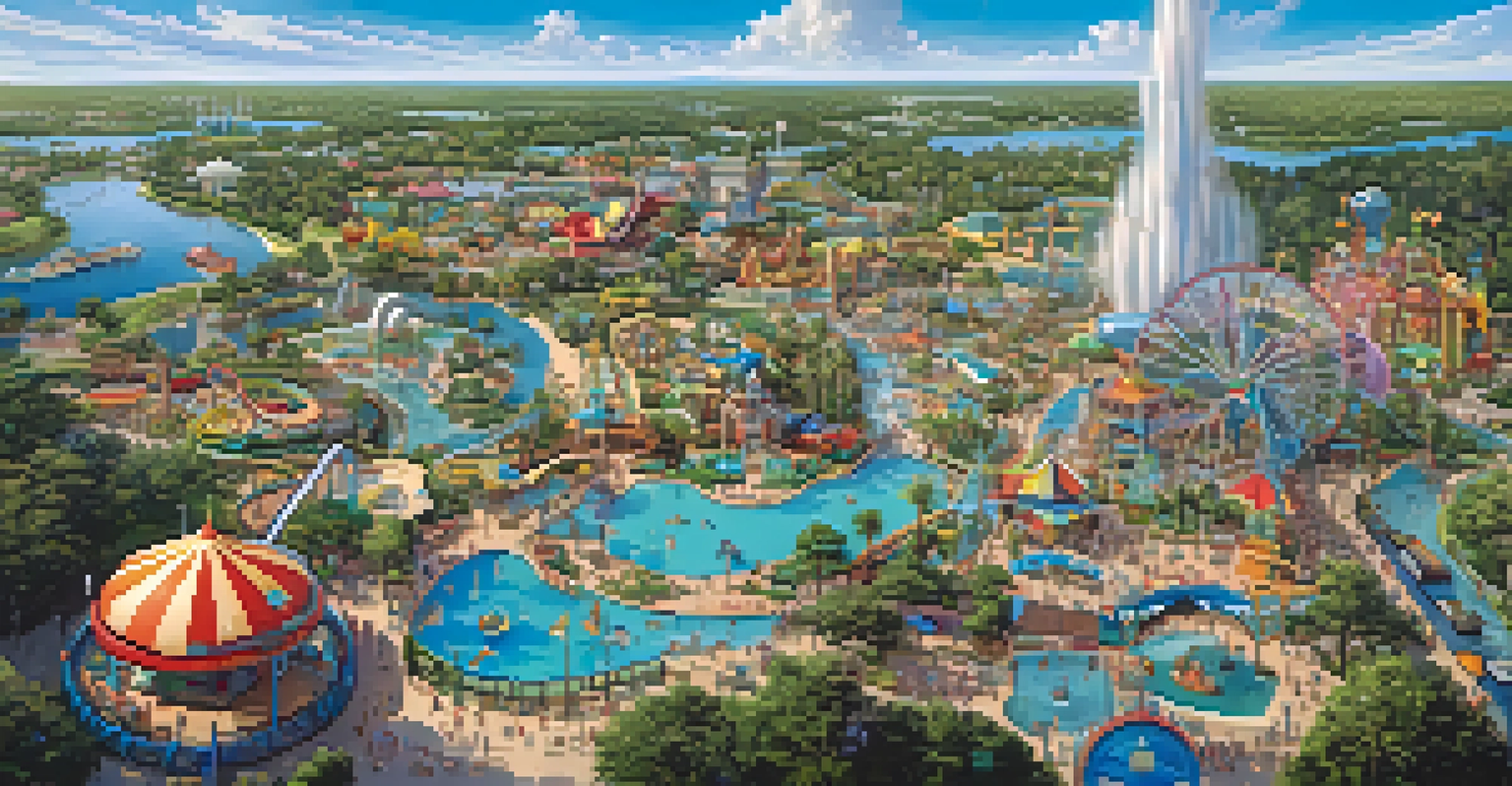 Aerial view of Orlando's theme parks with colorful attractions and lush green landscapes.