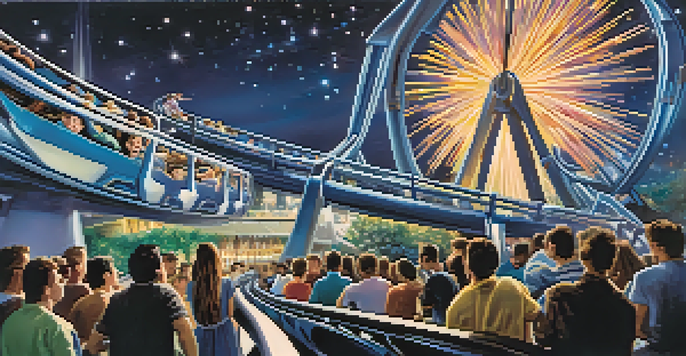 A futuristic roller coaster at Space Mountain with riders experiencing thrill in a dark, starry environment filled with twinkling lights.