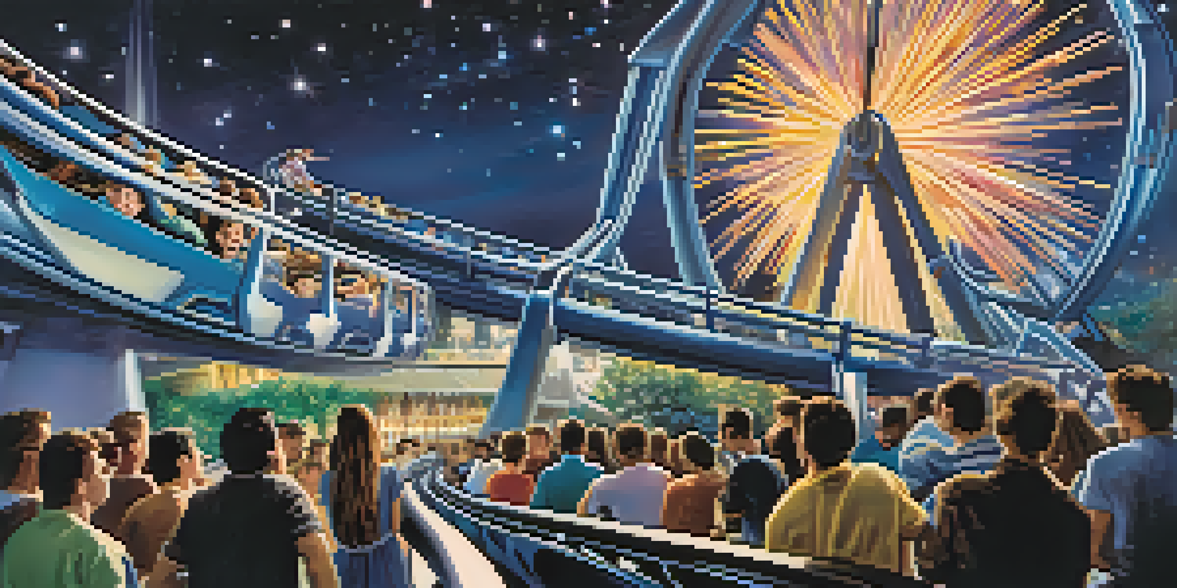 A futuristic roller coaster at Space Mountain with riders experiencing thrill in a dark, starry environment filled with twinkling lights.
