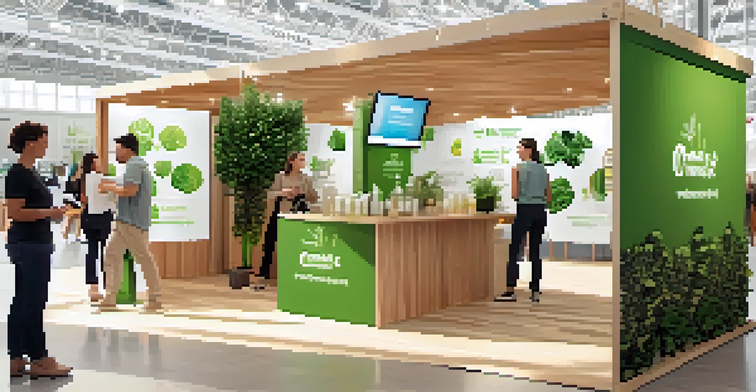 An eco-friendly trade show booth featuring sustainable materials and greenery, with attendees discussing products while adhering to safety measures.