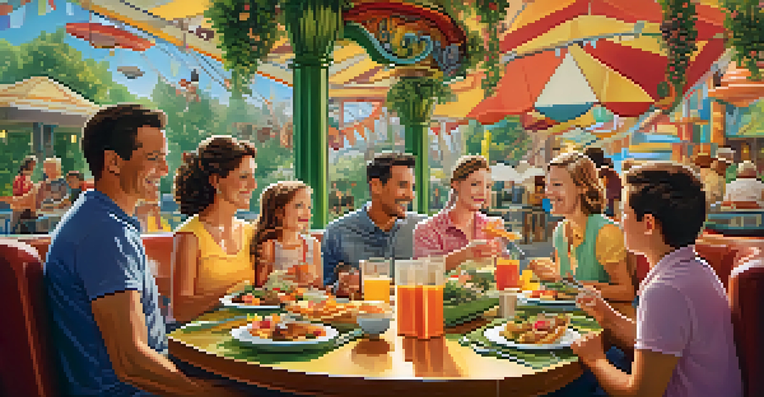 Families enjoying themed meals at a theme park restaurant, surrounded by colorful decor.