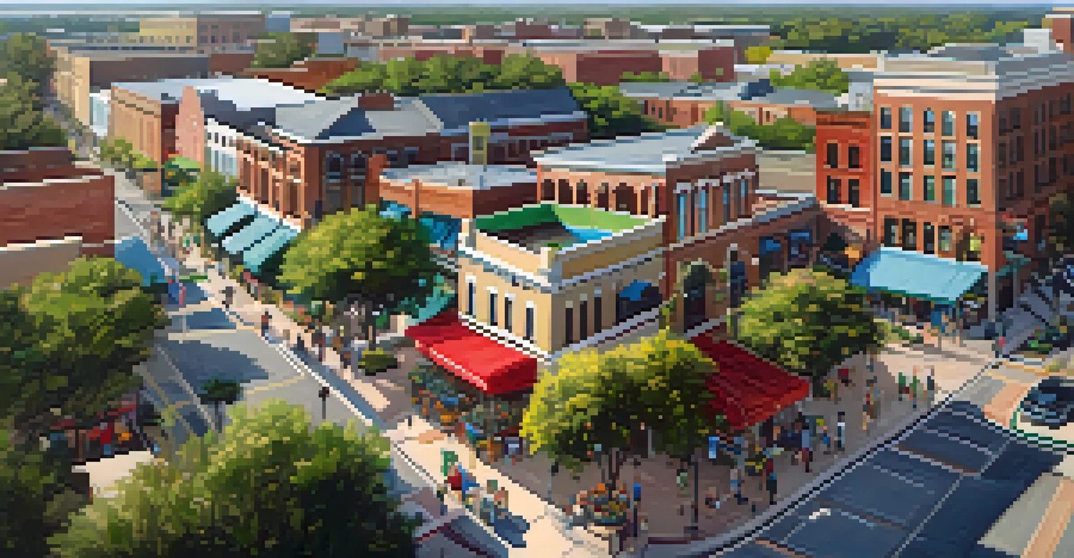 Aerial view of Winter Garden's historic downtown with family-friendly homes and a colorful farmers' market.