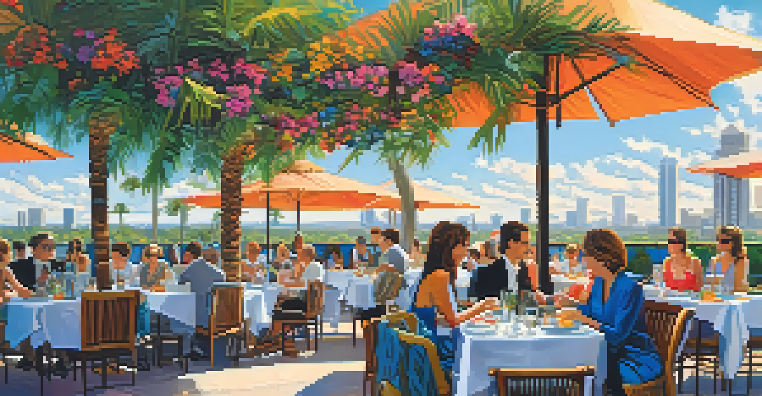 Outdoor dining at a rooftop restaurant in Orlando, with guests enjoying colorful dishes and drinks under a blue sky.