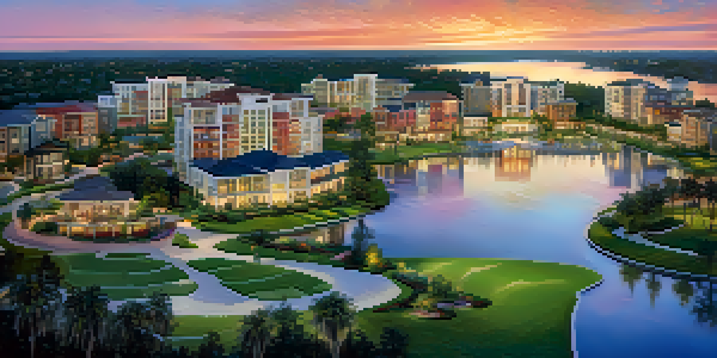 Aerial view of Lake Nona in Orlando, highlighting modern homes and parks during sunset.