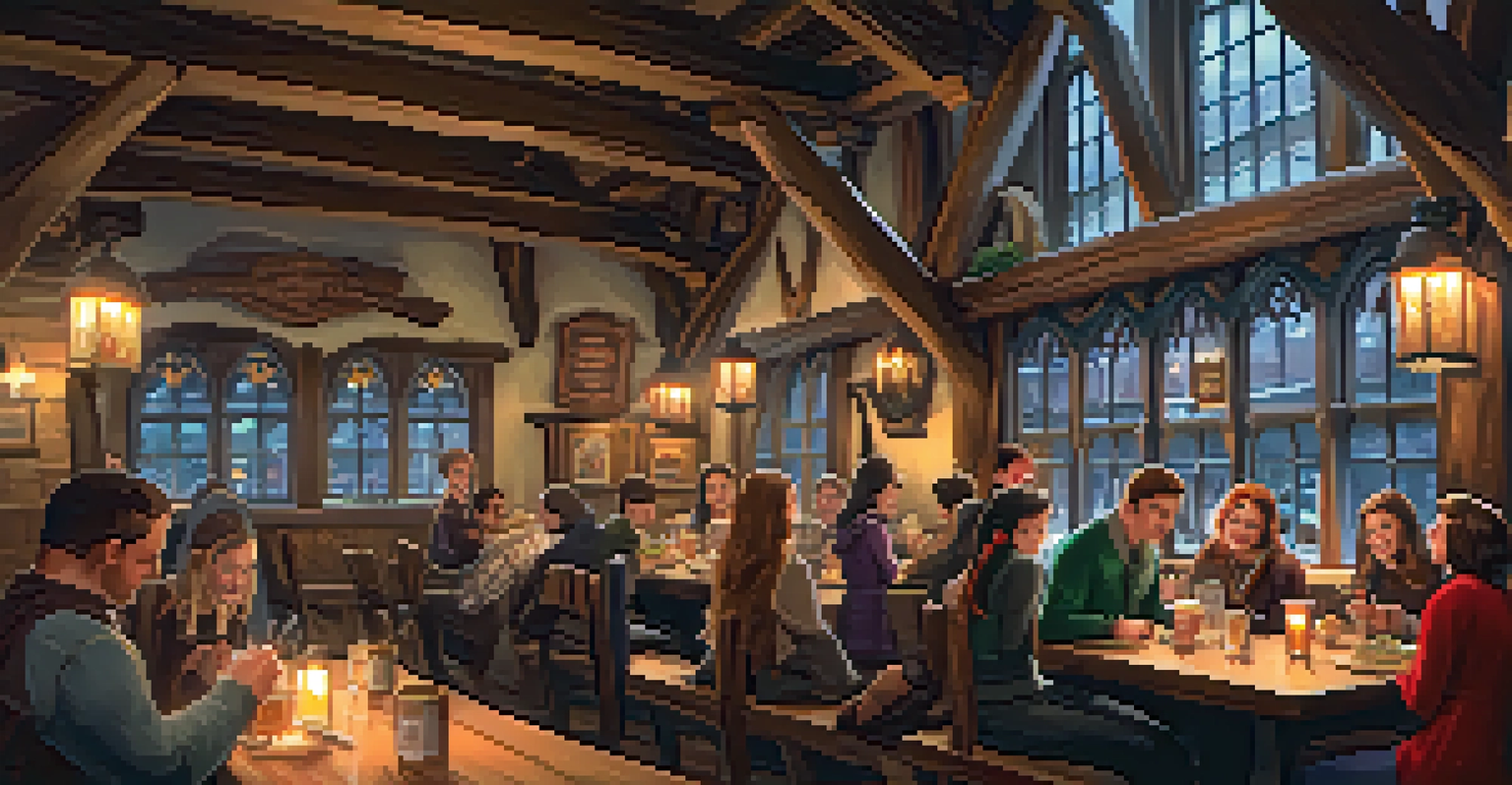 Visitors enjoying traditional British fare inside the Three Broomsticks restaurant, with a cozy rustic interior and warm lighting.