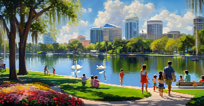 Families enjoying a picnic at Lake Eola Park in Orlando, with blooming flowers and a swan on the lake, under a bright blue sky.