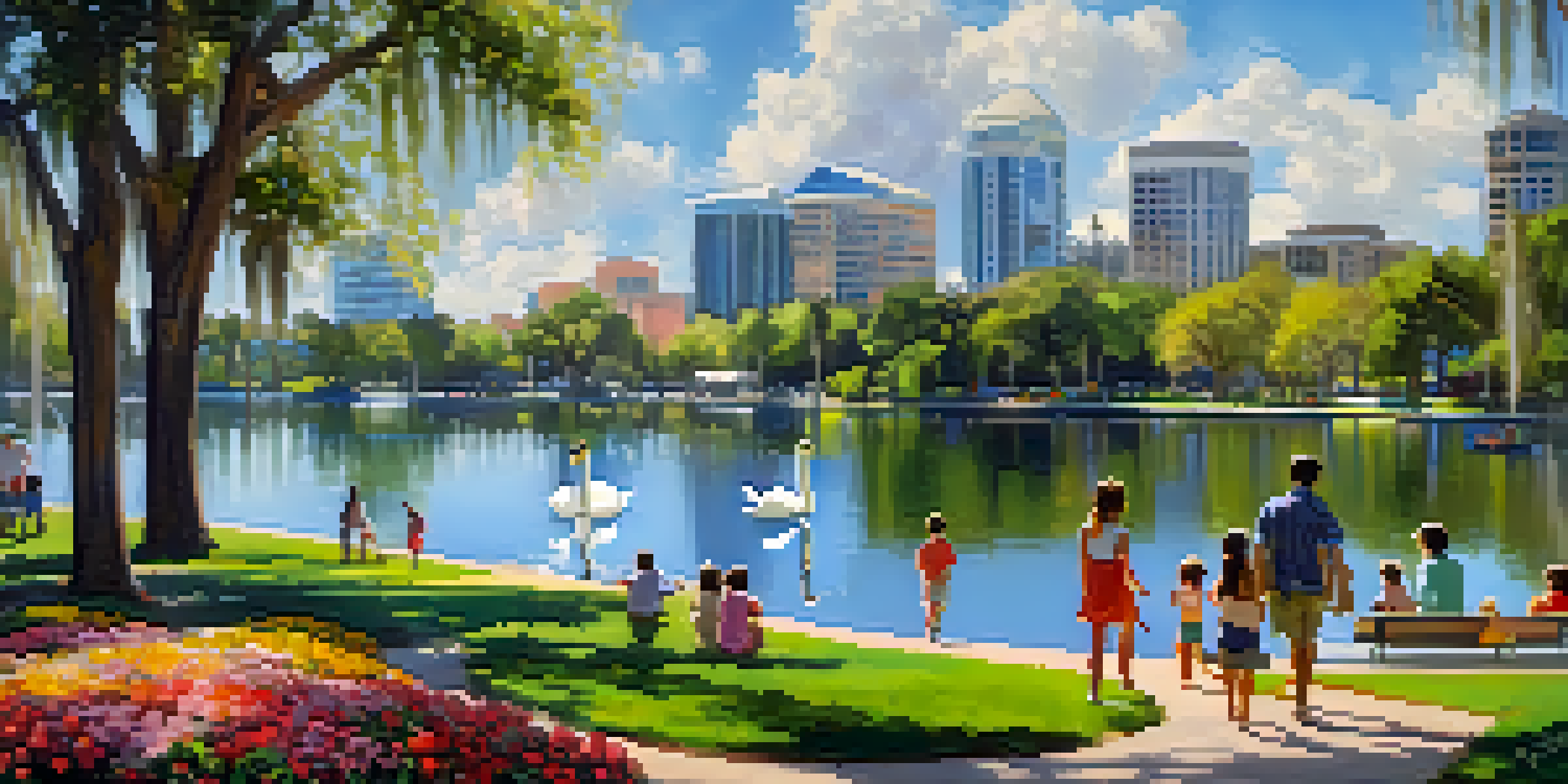 Families enjoying a picnic at Lake Eola Park in Orlando, with blooming flowers and a swan on the lake, under a bright blue sky.
