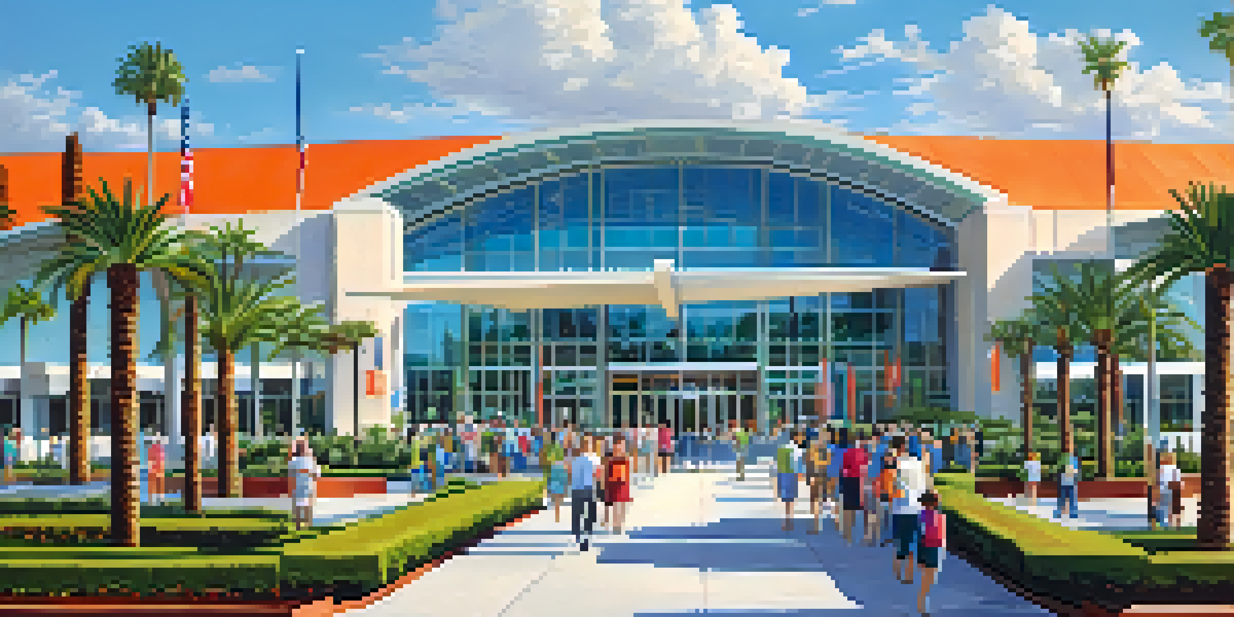 A wide view of the Orange County Convention Center with attendees arriving, surrounded by palm trees and a clear blue sky.