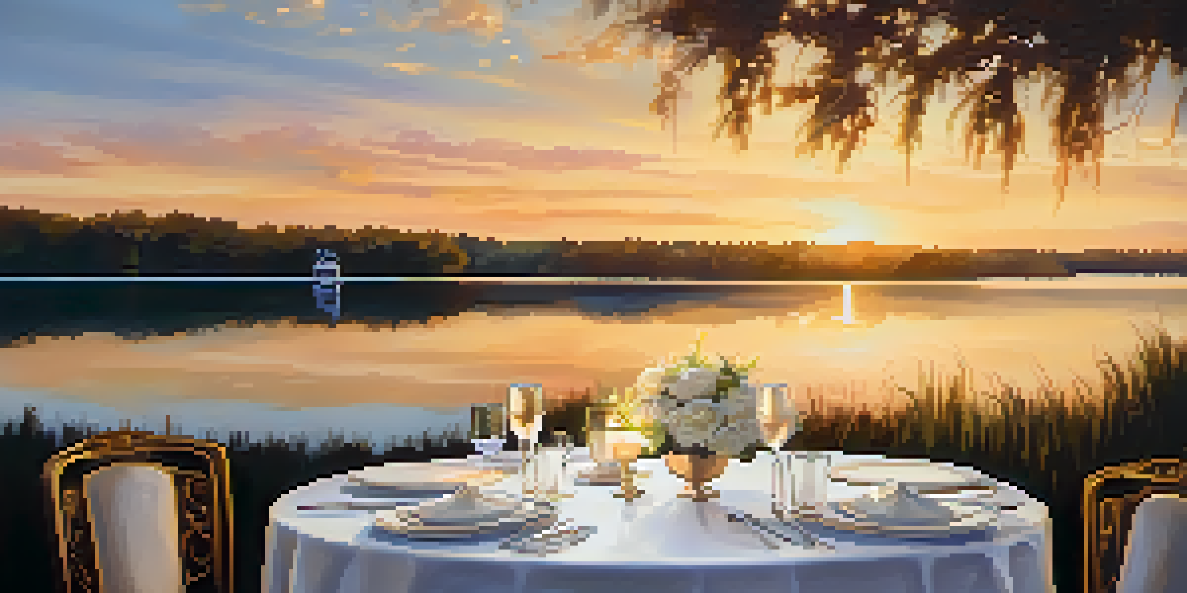 A romantic dining setup for two overlooking Lake Dora at sunset, featuring elegant table settings and soft candlelight.