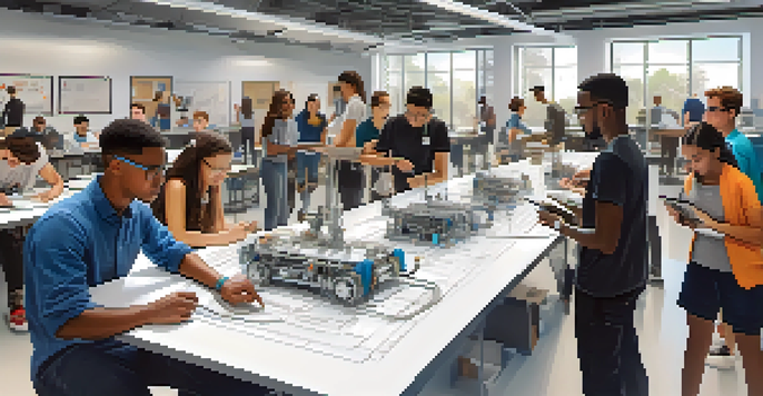 A group of diverse students participating in a hands-on engineering workshop, collaborating with technology and tools in a bright classroom.