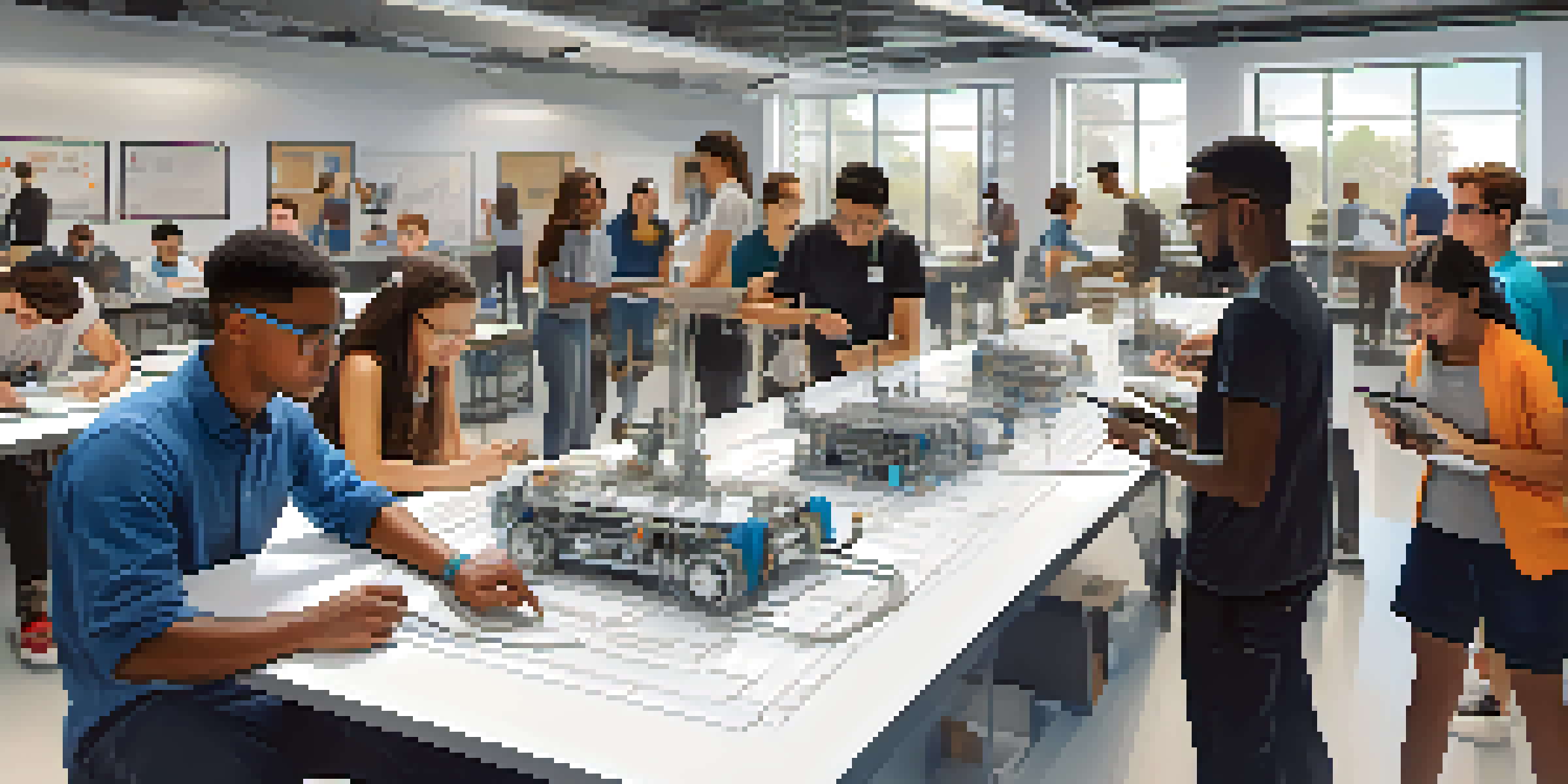 A group of diverse students participating in a hands-on engineering workshop, collaborating with technology and tools in a bright classroom.