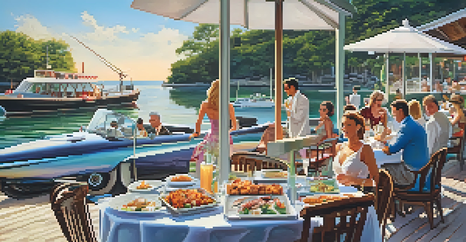 An outdoor dining table filled with fresh seafood dishes and cocktails at The Boathouse, with water and an amphicar in the background.