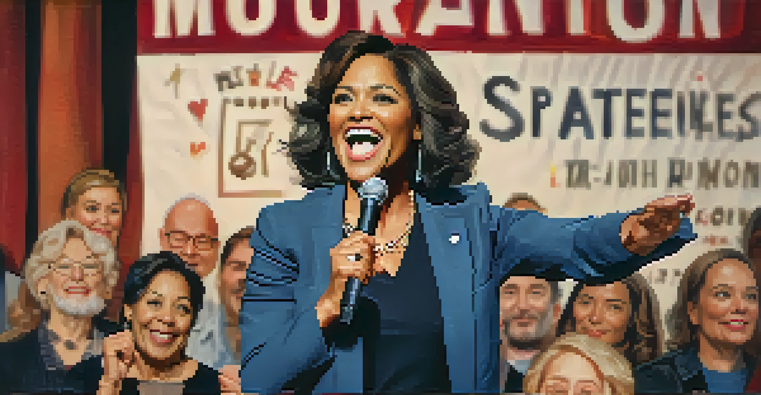 A motivational speaker on stage passionately addressing an engaged audience, with inspirational quotes in the background.