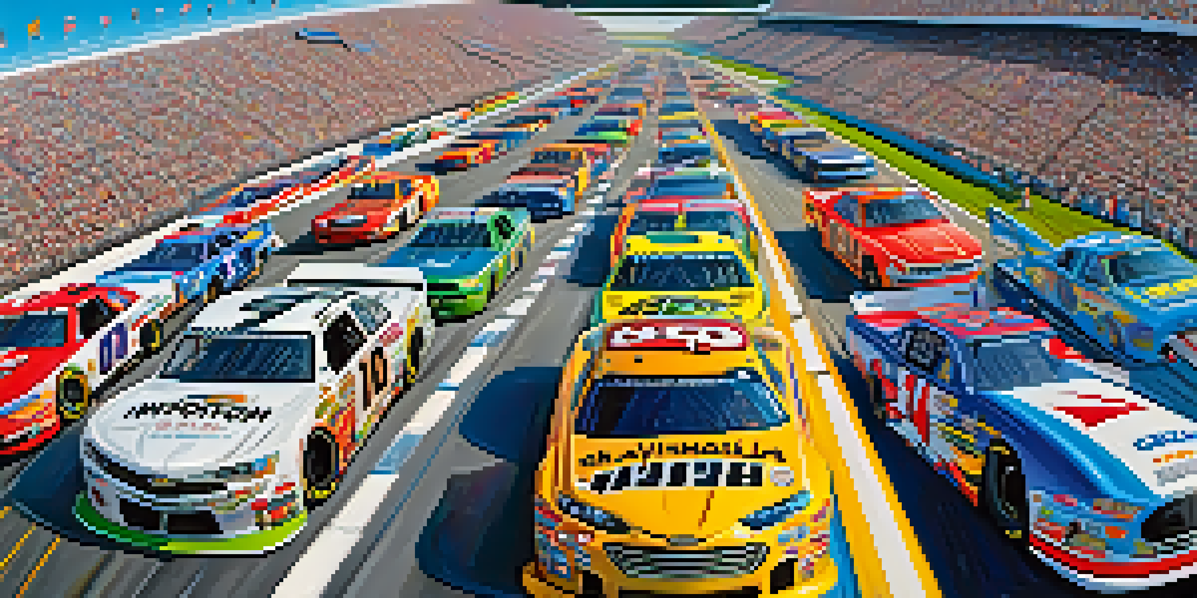 A lively NASCAR race with cars on the track and excited fans in the grandstands under a clear blue sky.