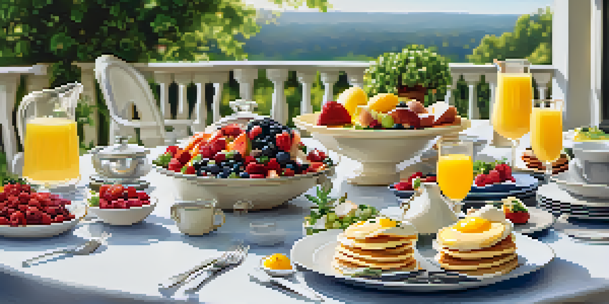 An outdoor brunch table with assorted dishes like pancakes, eggs benedict, and fruit salad, surrounded by greenery and bathed in soft morning light.