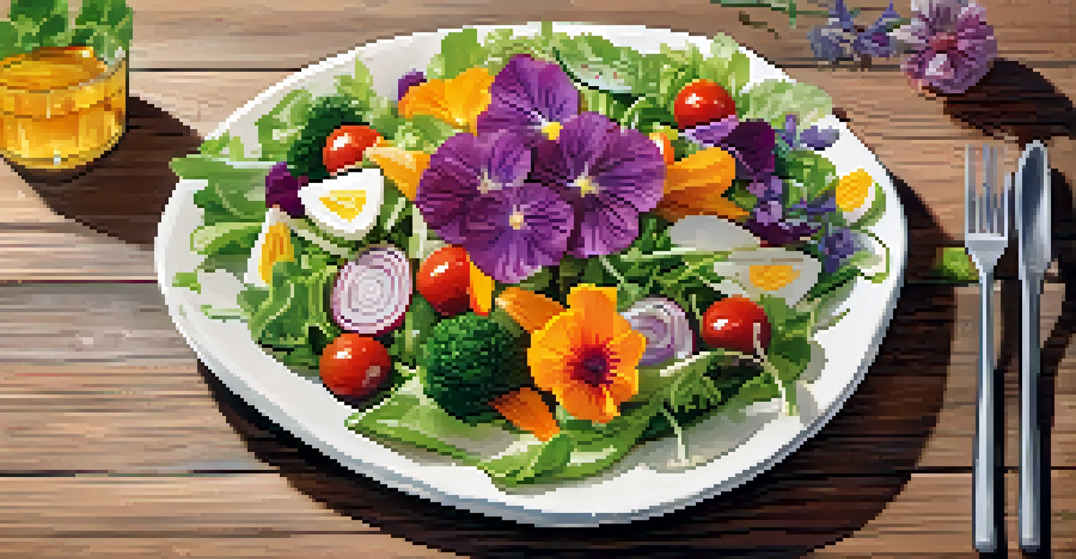 A colorful vegan salad with locally sourced vegetables and edible flowers on a rustic wooden table, illuminated by natural light.