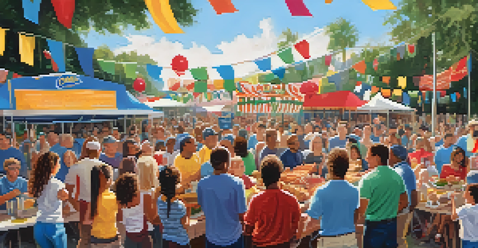A joyful community celebration with families holding team banners and enjoying food, highlighting local pride.