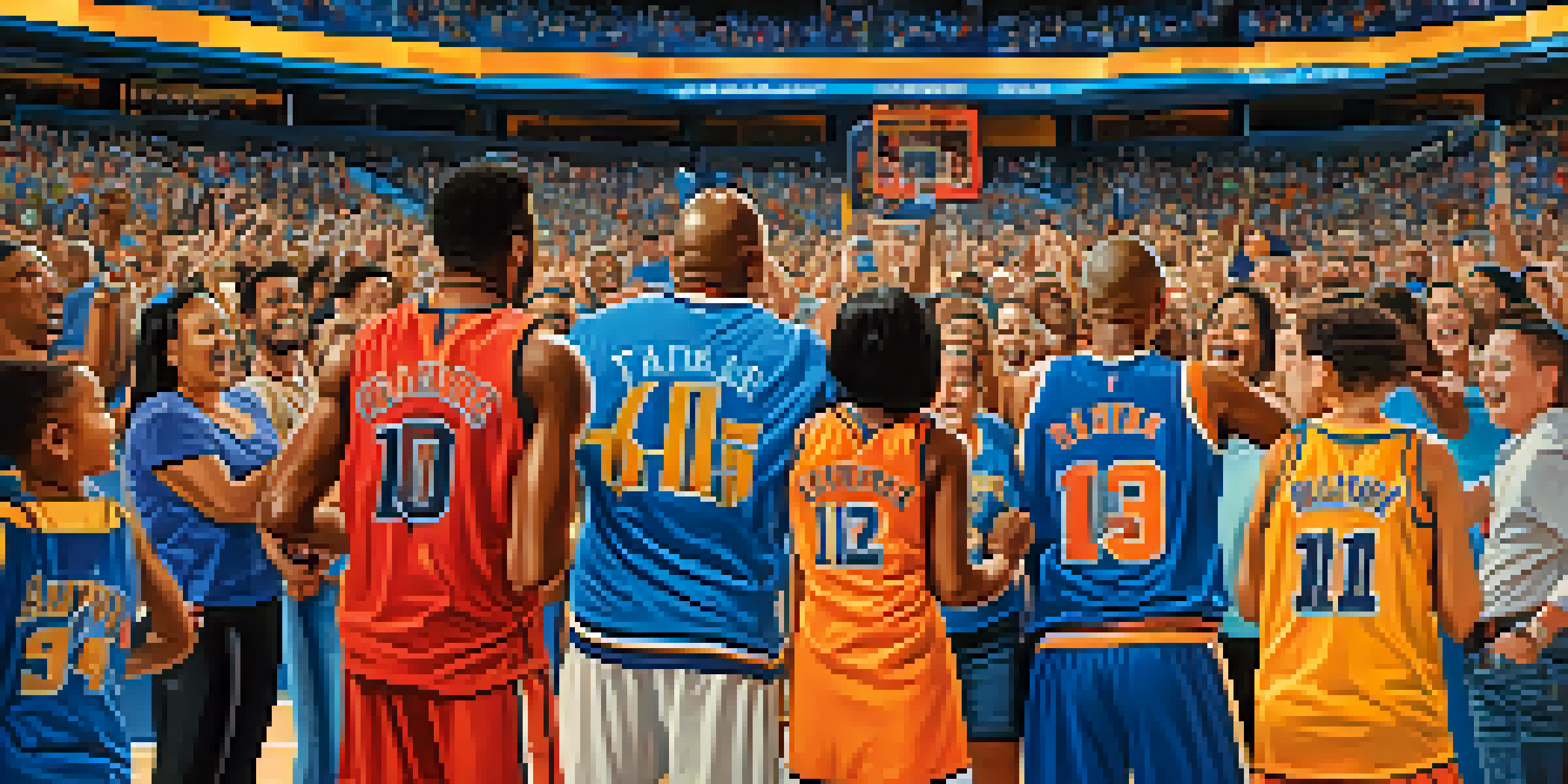 A family watching a basketball game in a lively arena, surrounded by cheering fans and bright lights.