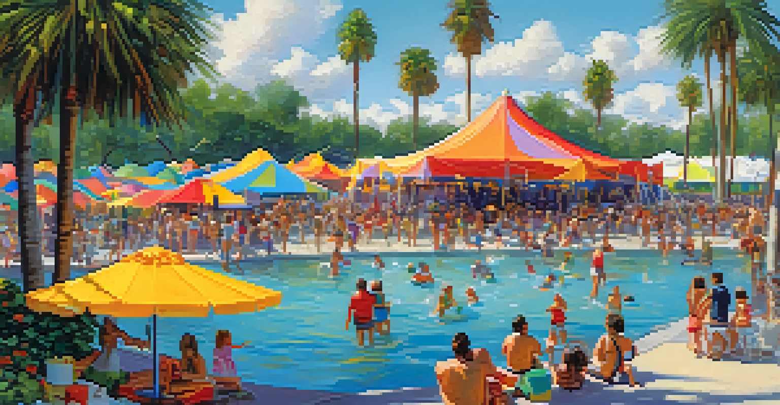 Families participating in water games at a summer festival in Orlando with colorful tents and palm trees.