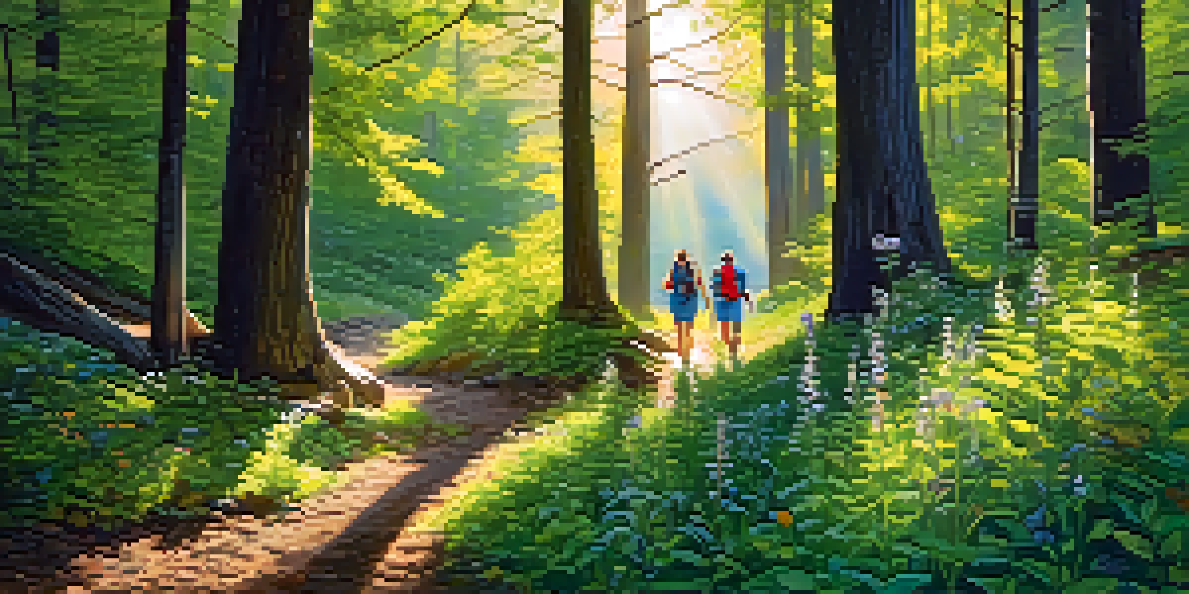 A family hiking in a green forest, enjoying nature together under sunlight.