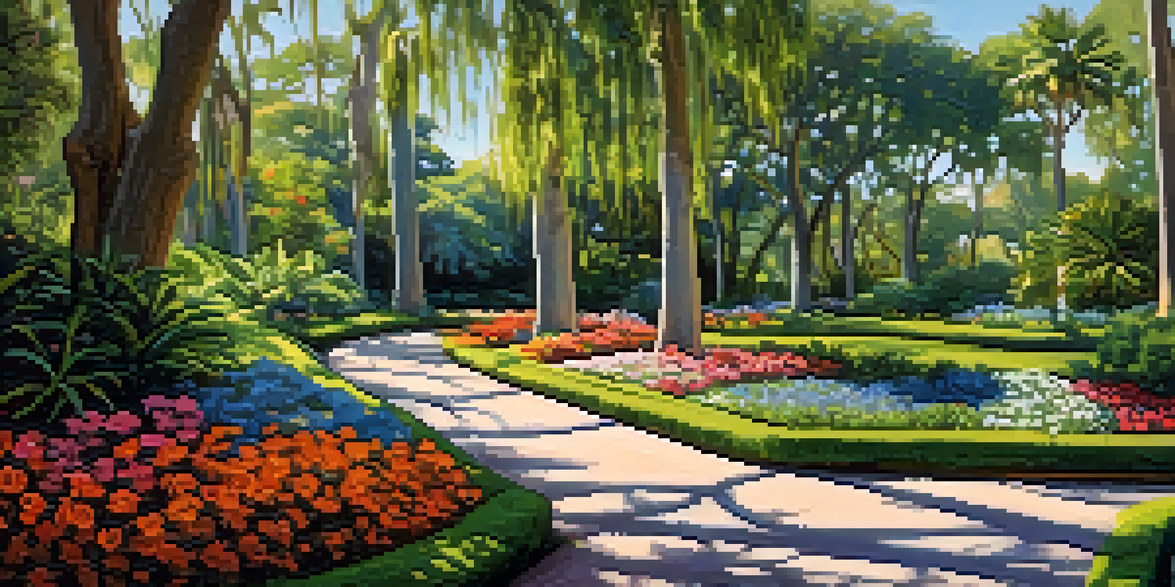 A beautiful garden filled with colorful flowers and greenery, with people walking along paths under a blue sky.