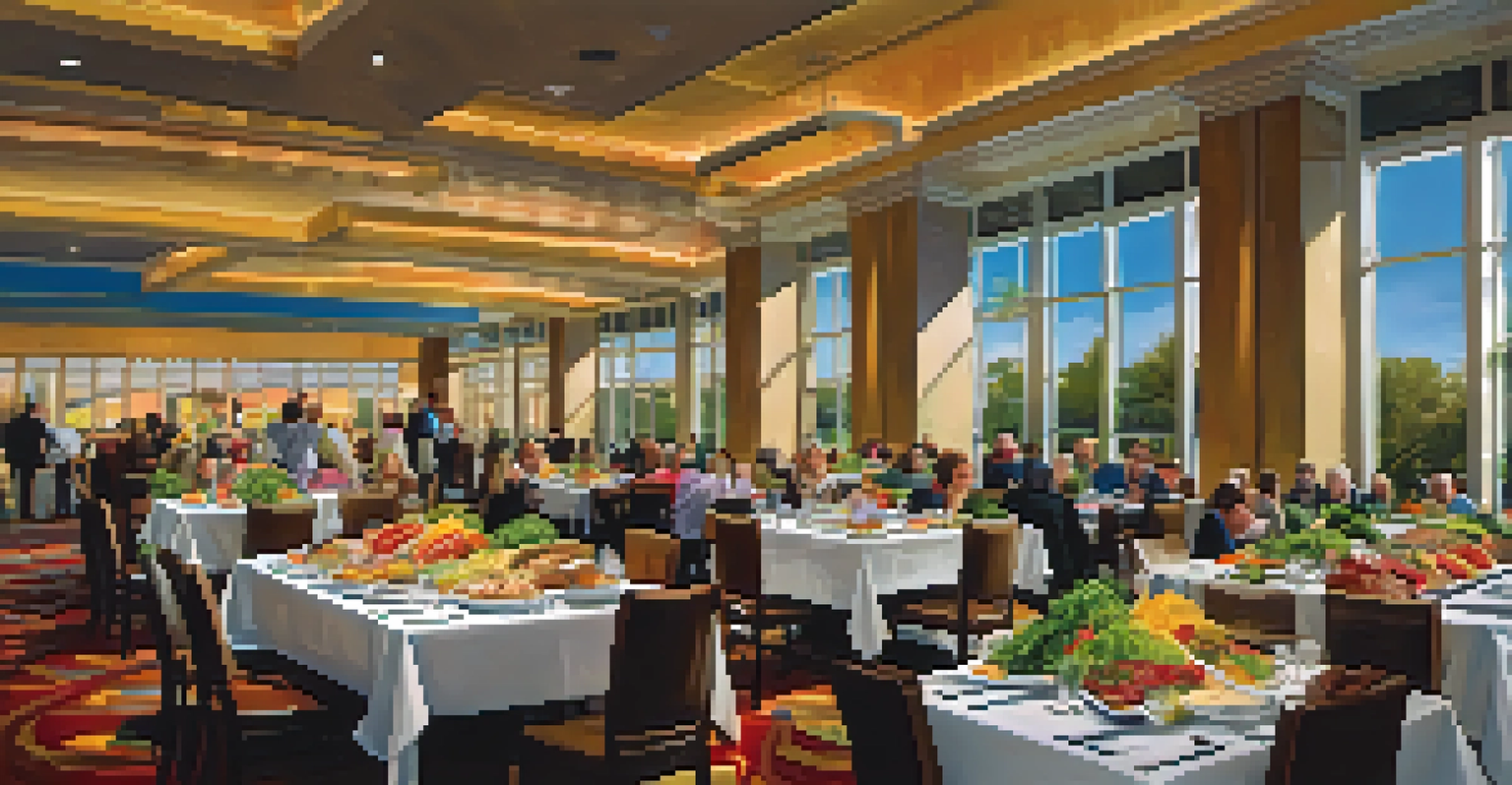 A dining area in the Orlando Convention Center with attendees enjoying a buffet featuring colorful salads and sandwiches, illuminated by warm lighting.