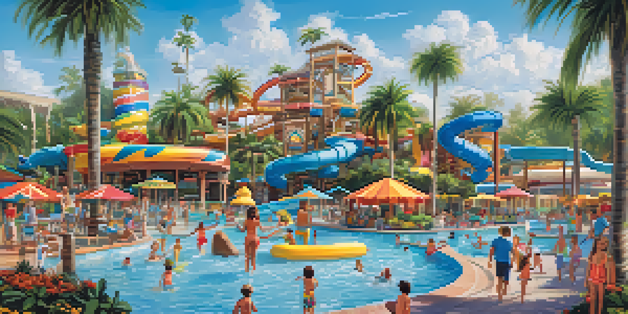 A lively water park at a family-friendly resort in Orlando, with children playing and splashing in the water, surrounded by palm trees and bright decorations.