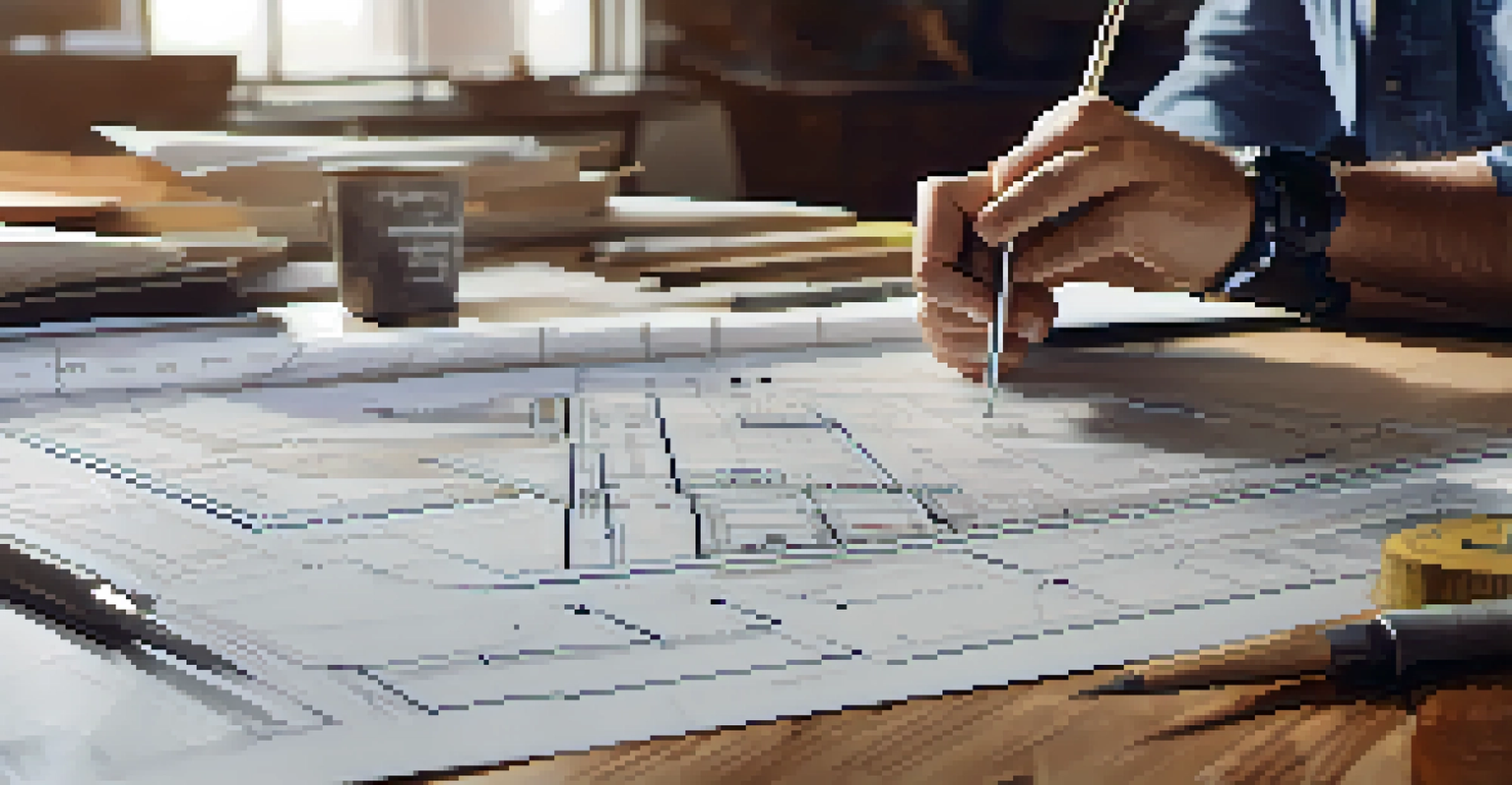 A developer examining blueprints on a table with architectural tools and a laptop displaying 3D models.