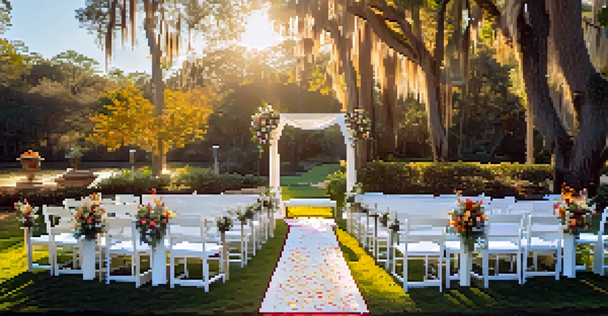 An outdoor wedding setup with white chairs and a floral altar in Orlando, illuminated by golden sunlight and a blue sky.