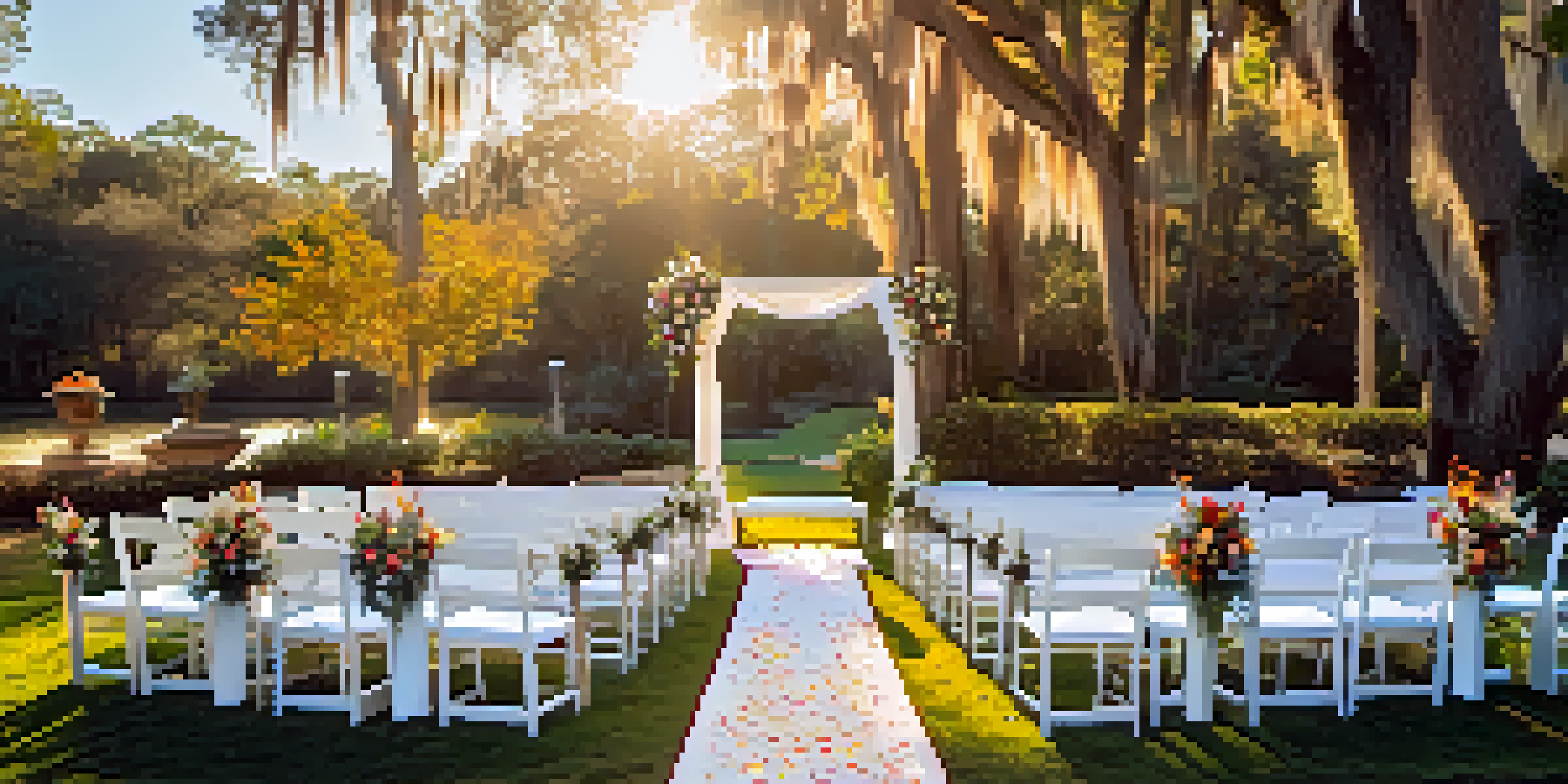 An outdoor wedding setup with white chairs and a floral altar in Orlando, illuminated by golden sunlight and a blue sky.