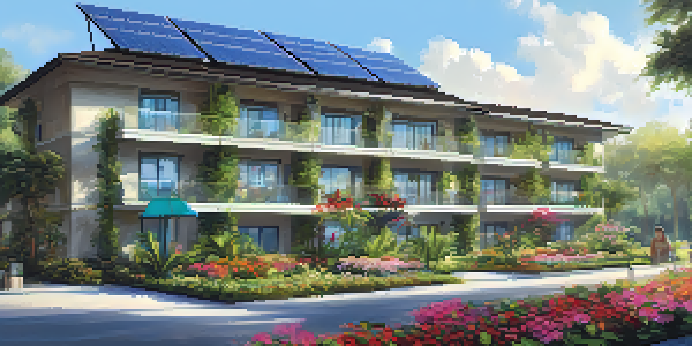 A picturesque eco-friendly hotel in Orlando surrounded by greenery and flowers, with solar panels and a bright sky.