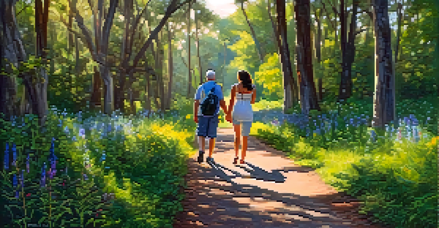 A peaceful nature trail in Orlando with trees and wildflowers, featuring a couple walking and a birdwatcher observing wildlife, illuminated by dappled sunlight.