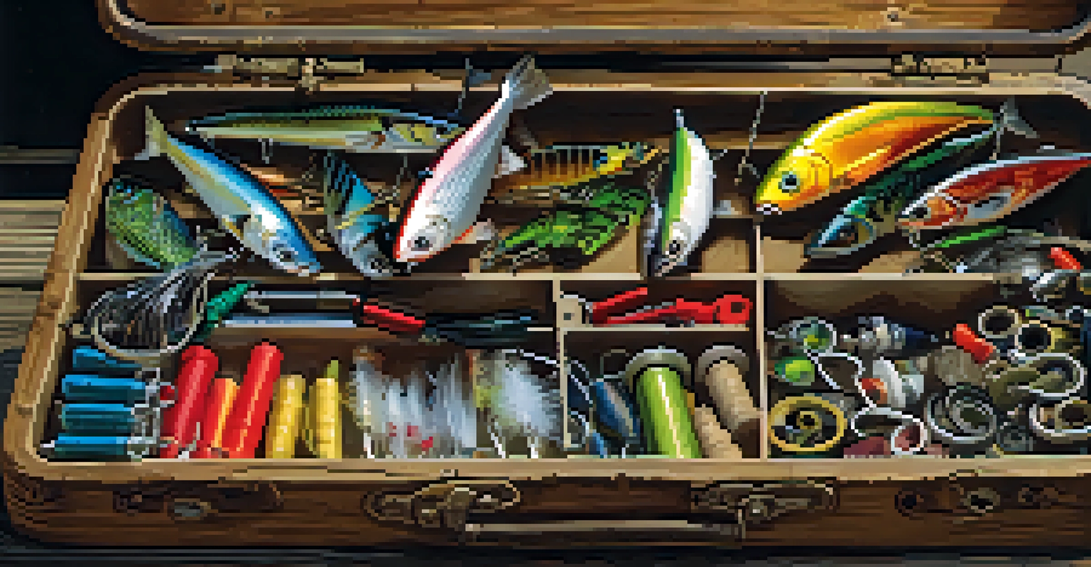 A close-up of a tackle box filled with colorful fishing lures and gear on a rustic wooden table.